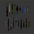 Pixel Style Weapons Featuring Various Colors In 3D Rendered Arranged 3d model