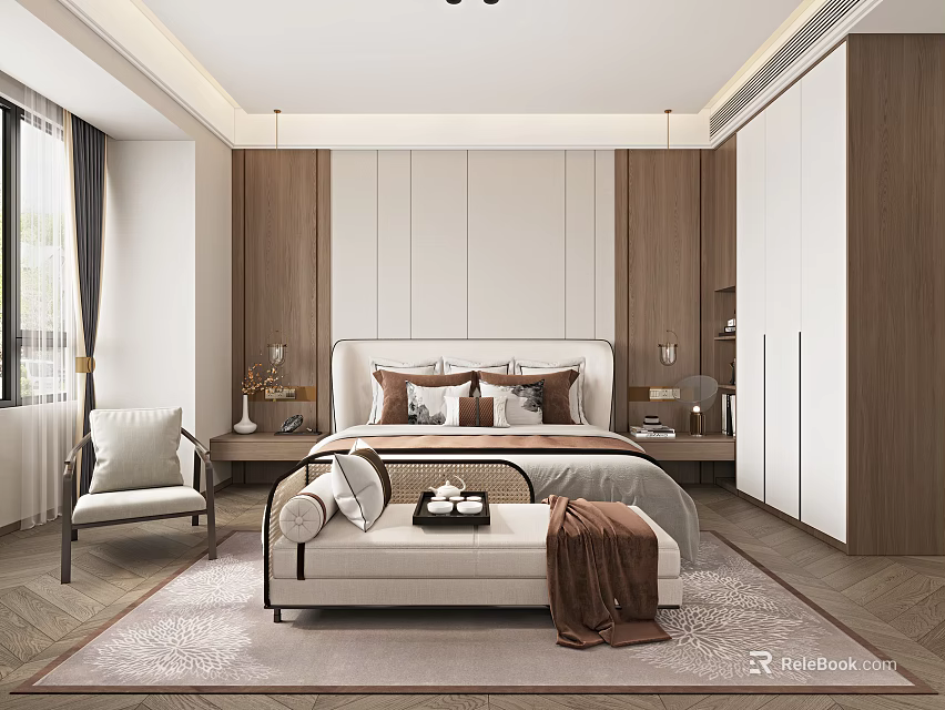 Modern Bedroom Interior With Upholstered Headboard Wooden Panel Wall Pillows Bench Wardrobe And Natural Light 3d model 