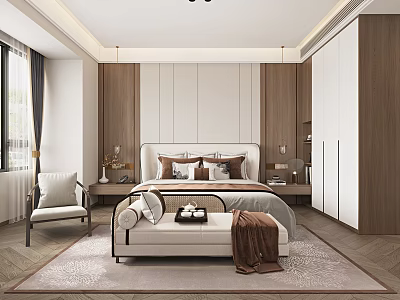 Modern Bedroom Interior With Upholstered Headboard Wooden Panel Wall Pillows Bench Wardrobe And Natural Light 3d model