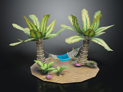 Cartoon Scene Featuring Two Palm Trees Hammock Small Plants And Flowers On Island 3d model