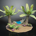 Cartoon Scene Featuring Two Palm Trees Hammock Small Plants And Flowers On Island