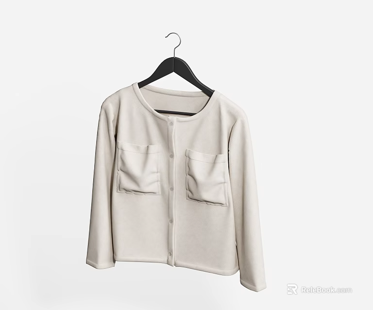 Beige Long Sleeve Cardigan With Two Front Pockets Hanging On Black Hanger Against Light Background 3d model 