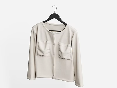 Beige Long Sleeve Cardigan With Two Front Pockets Hanging On Black Hanger Against Light Background 3d model