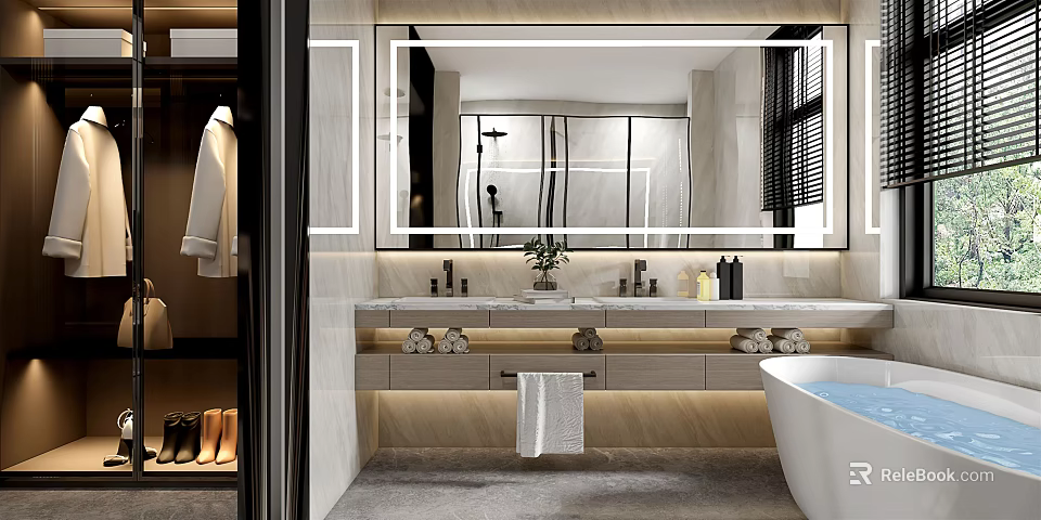 Modern Elegant Bathroom Interior With Large Mirror Double Vanity Marble Countertop Storage Cabinets And Bathtub 3d model 