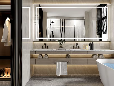 Modern Elegant Bathroom Interior With Large Mirror Double Vanity Marble Countertop Storage Cabinets And Bathtub 3d model