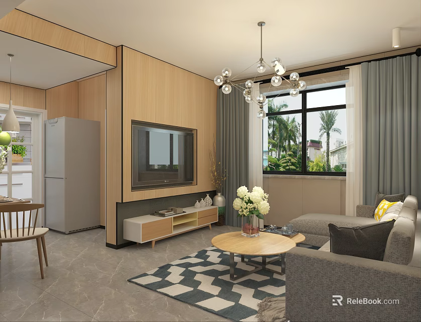 Modern Living Dining Room Interior With Wooden Walls Grey Sofa And Geometric Rug 3d model 