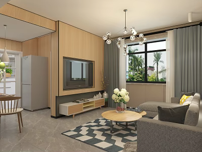 Modern Living Dining Room Interior With Wooden Walls Grey Sofa And Geometric Rug 3d model