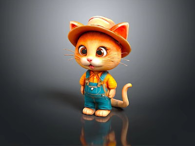 Cute Cartoon Cat Character With Big Eyes Wearing Orange Hat And Blue Overalls 3d model