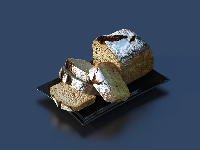 Fresh Sliced Bread with Flour on Surface Served on Black Tray 3d model