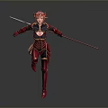 Woman in Red and Black Armor Running With Red Headpiece Holding Red Spear