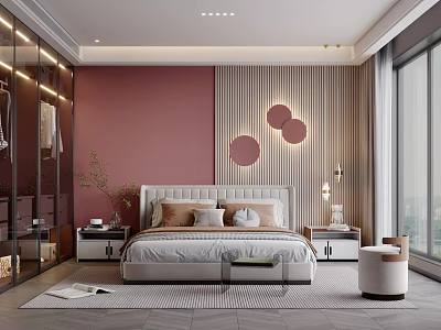 Modern Luxurious Bedroom Interior With Pink Wall Circular Decorations Large Windows Wardrobe Bedside Tables Rug 3d model