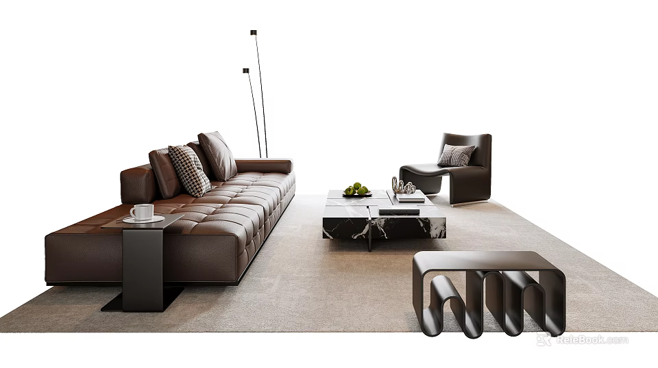 Modern Leather Sofa And Coffee Table Set With Floor Lamp Armchair And Decorations 3d model 