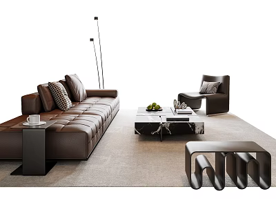 Modern Leather Sofa And Coffee Table Set With Floor Lamp Armchair And Decorations 3d model