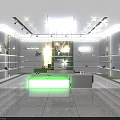 Modern Shoe Store Interior With Display Shelves Shoes Central Counter Green Accents Bright Lighting