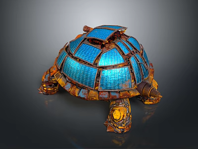 Turtle Shaped Game Movie Character With Blue Transparent Shell And Orange Metal Structure 3d model