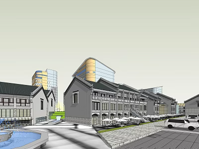 Traditional And Modern Architecture Commercial Street With Fountain And Parking Spaces 3d model