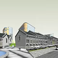 Traditional And Modern Architecture Commercial Street With Fountain And Parking Spaces