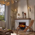 Cozy Living Room Interior With Wooden Chandelier Fireplace With Flames Rocking Chair And Coffee Table