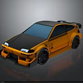 Orange Sports Car With Carbon Fiber Roof Large Rear Spoiler Black Wheels And Blue Windows