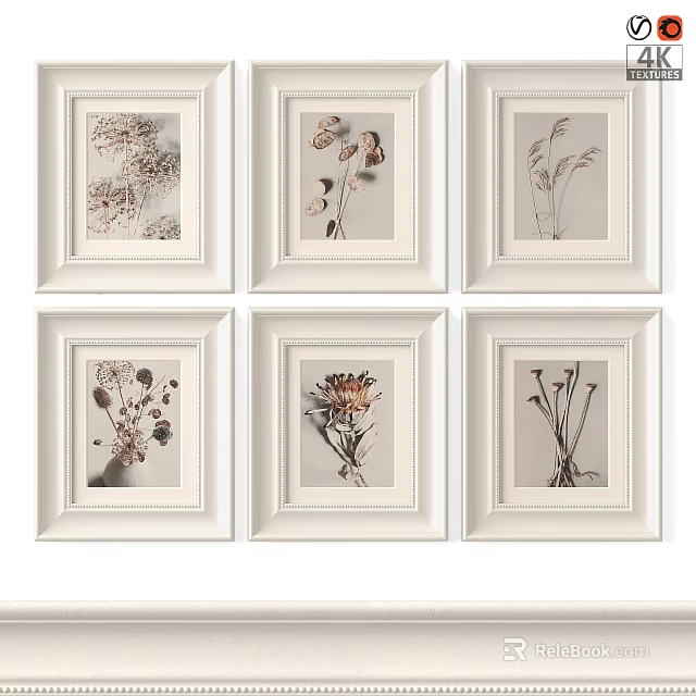 White Photo Frames Displaying Botanical Specimens In Grid Arrangement For Home Decor 3d model 