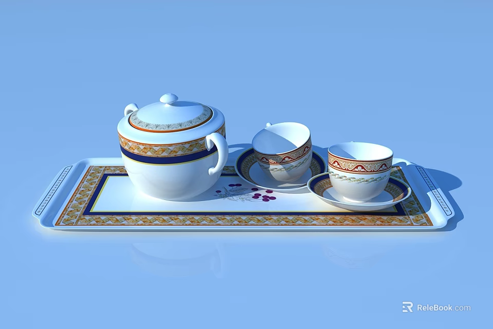 Elegant Ceramic Tea Set With Teapot Cups Saucers And Decorative Tray 3d model 