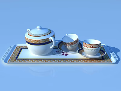Elegant Ceramic Tea Set With Teapot Cups Saucers And Decorative Tray 3d model