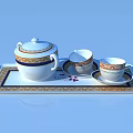Elegant Ceramic Tea Set With Teapot Cups Saucers And Decorative Tray 3d model