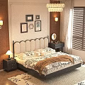 Cozy Elegant Bedroom Interior With Beige Headboard Decorative Paintings And Nightstand Lamp