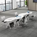 Modern Conference Table In Office With White Chairs Laptop Water Bottle Large Windows City View