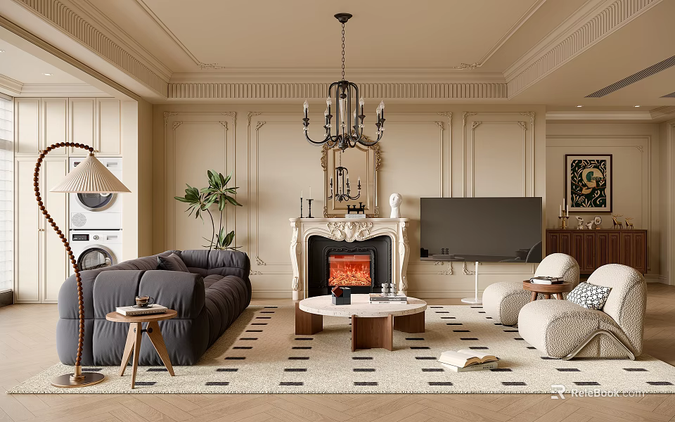 Elegant Modern Living Room Interior Design With Fireplace Chandelier Area Rug And Sofa 3d model 