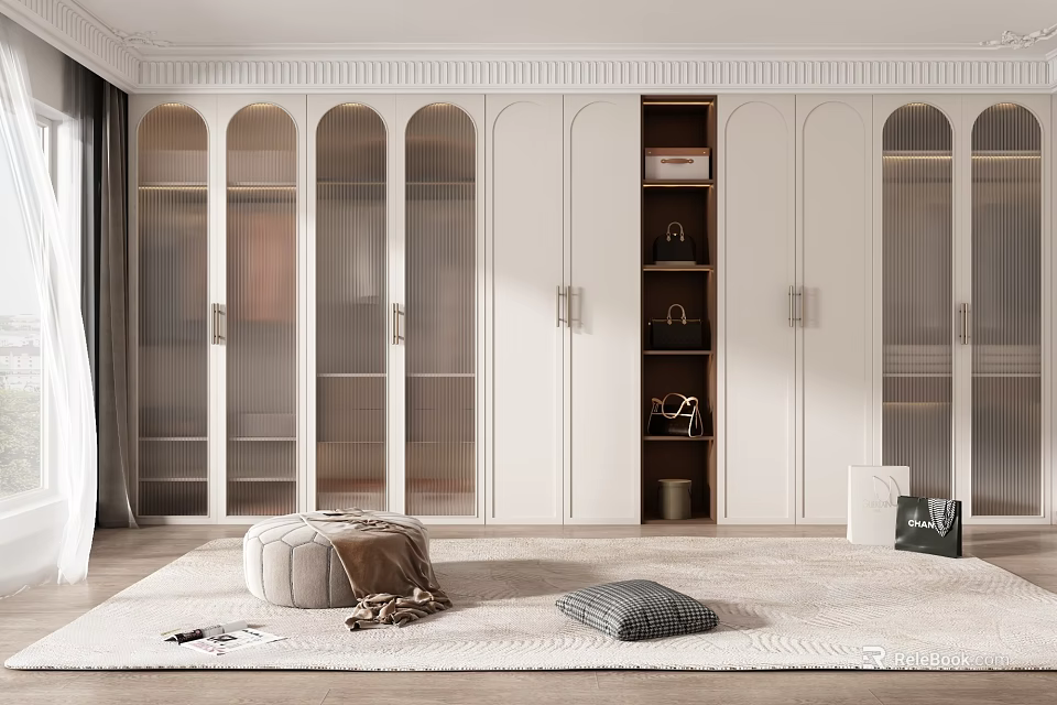 Modern Walk In Closet With White Cabinets Glass Doors And Soft Decor 3d model 