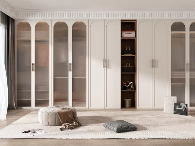 Modern Walk In Closet With White Cabinets Glass Doors And Soft Decor 3d model