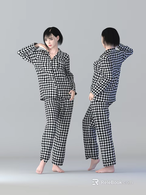 Woman Wearing Black And White Checkered Pajamas Posing From Front And Back Views 3d model 