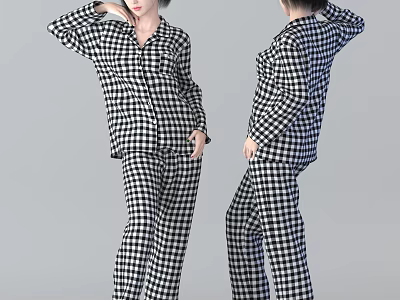Woman Wearing Black And White Checkered Pajamas Posing From Front And Back Views 3d model