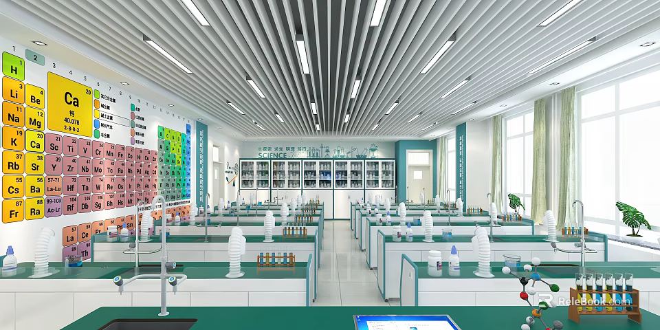 School Science Laboratory With Lab Tables Equipment Periodic Table Cabinets and Bright Windows 3d model 