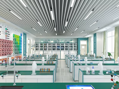 School Science Laboratory With Lab Tables Equipment Periodic Table Cabinets and Bright Windows 3d model