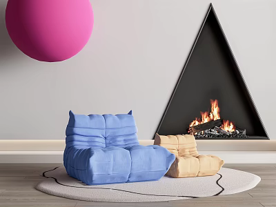 Blue Bean Bag Chair And Beige Footstool By Triangle Fireplace With Pink Sphere Decor 3d model