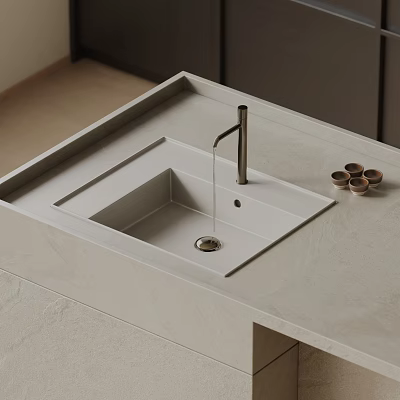Modern Embedded Bathroom Sink With Light Gray Countertop Metal Faucet And Small Cups 3d model
