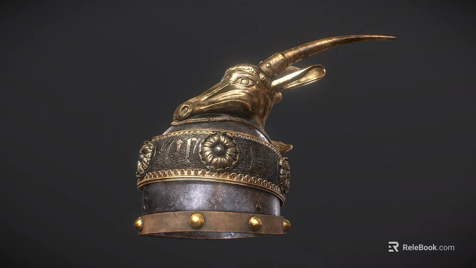 Brass Goat Head Decorative Helmet With Floral Engravings And Studs 3d model 