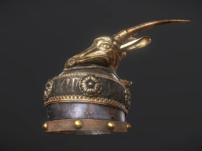 Brass Goat Head Decorative Helmet With Floral Engravings And Studs 3d model
