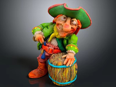 Colorful Pirate Statue With Green Hat Red Brim Green Coat And Wooden Barrel Blue Stripes 3d model