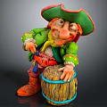 Colorful Pirate Statue With Green Hat Red Brim Green Coat And Wooden Barrel Blue Stripes