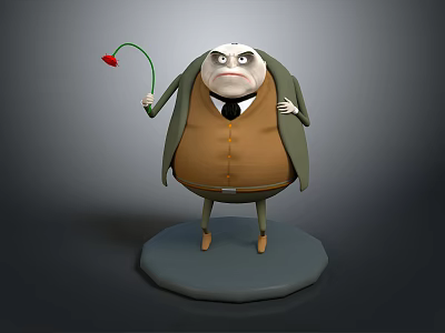 Chubby Old Man Cartoon Character Holding Red Flower With Serious Expression And Gray Base 3d model
