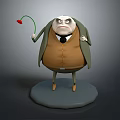 Chubby Old Man Cartoon Character Holding Red Flower With Serious Expression And Gray Base