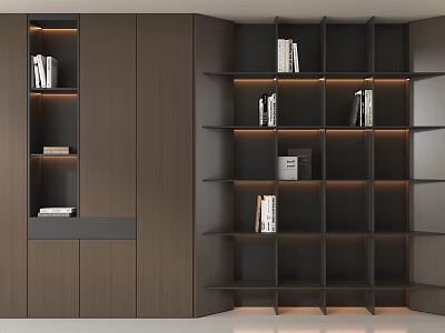 Modern Dark Brown Open Design Bookcase With Built in LED Lighting And Layered Shelves 3d model