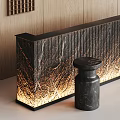 Hotel Reception Desk With Wooden Panels Dark Wood Top Lighted Base And Decorative Grid