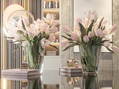 Pink Tulips Arrangement in Clear Glass Vase on Modern Tabletop with Decorative Books 3d model