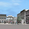 Modern Commercial Street With Pedestrians Strolling Shops Green Plants And Vibrant Atmosphere