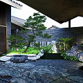 Serene Garden Landscape With Red Green Trees Stone Paving And Pavilion Area