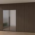 Modern Kitchen Interior With Built In Stainless Steel Refrigerator And Dark Wooden Cabinets